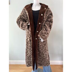 Vintage Monterey Fashions Faux Fur Damask Reversible Brown Coat size Large